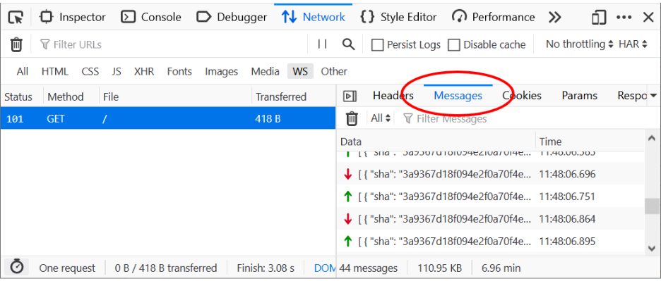 Messages panel in the web socket inspector