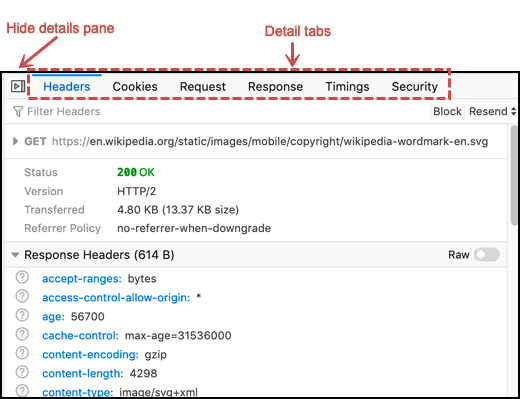 Screenshot of the Network Request details pane, without callouts for the close-pane button and the detail tabs