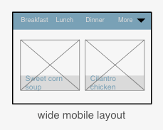 moderate but short UI layout with top toggle menu and size content blocks in a scrolling strip