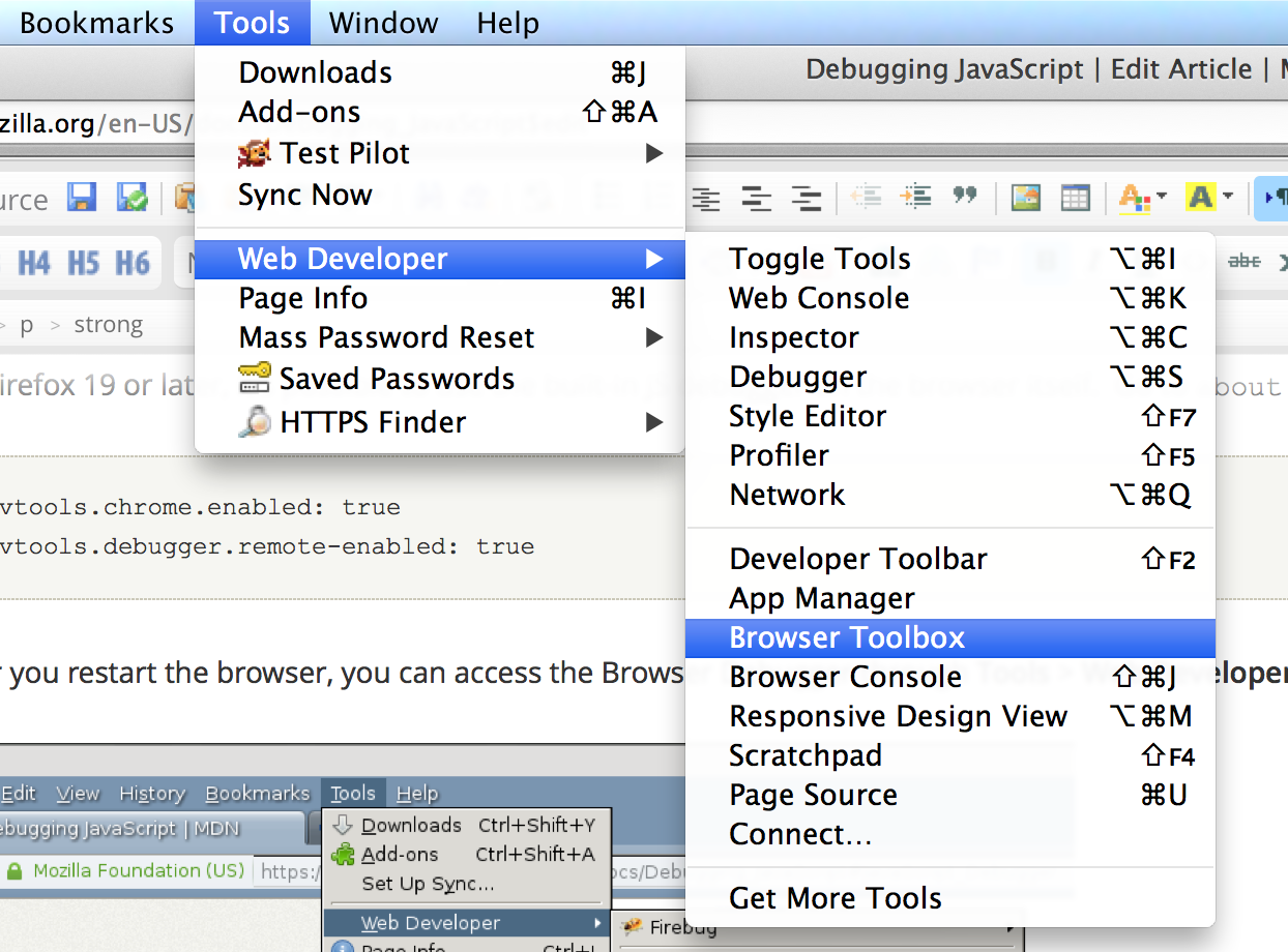 Access the "Browser Toolbox" through the menu