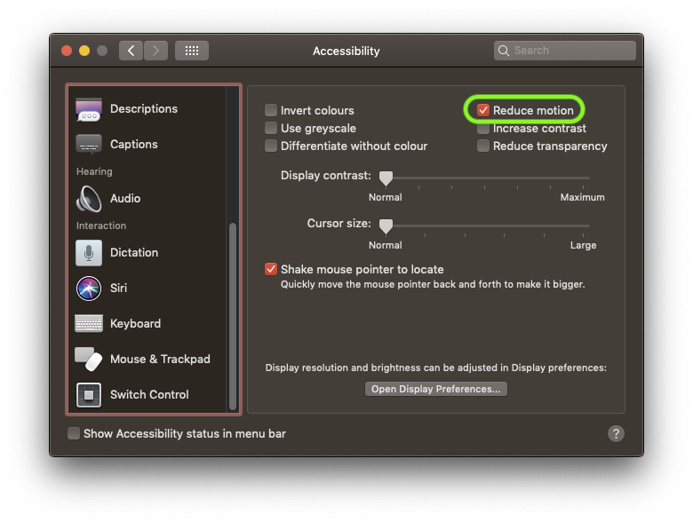 Screen shot showing how to reduce motion on a MAC OS