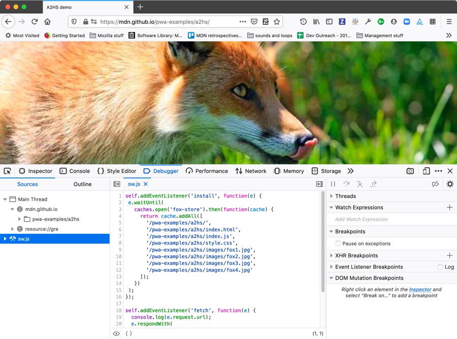 the firefox JS debugger show the code for a service worker