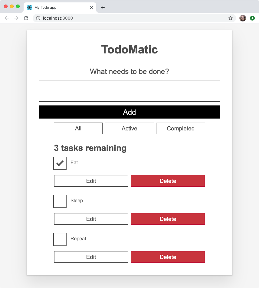 Our todo list app, now with differing checked states - some checkboxes are checked, others not