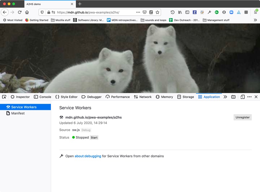 the firefox application panel zoomed out view showing a picture of two artic foxes