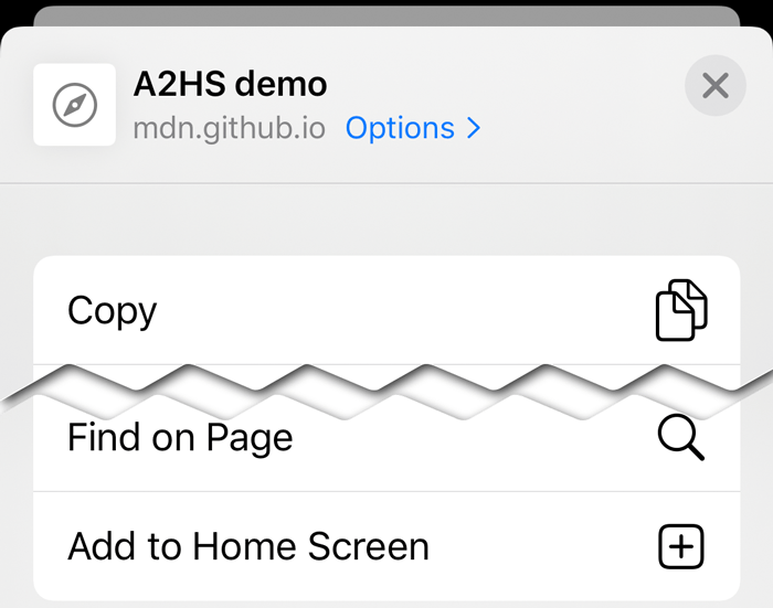 Screenshot of Safari iOS's sharing panel, showing the "Add to Home Screen" option
