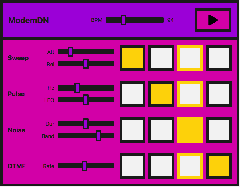A sound sequencer application featuring play and BPM master controls, and 4 different voices with controls for each.