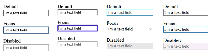 Screenshot of the disabled attribute and default :focus styles on a text input in Firefox, Safari, Chrome and Edge.