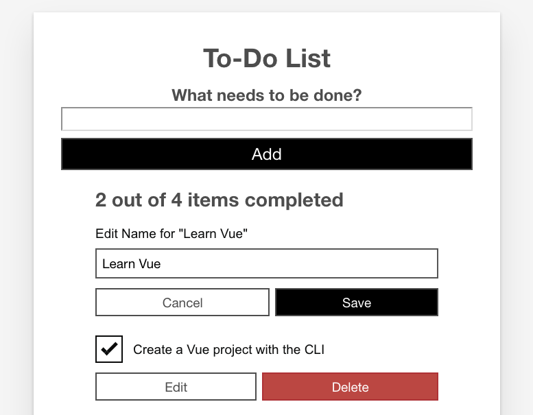 The todo list app, with Edit and Delete buttons shown, and one of the todos in edit mode, with an edit input and save and cancel buttons shown