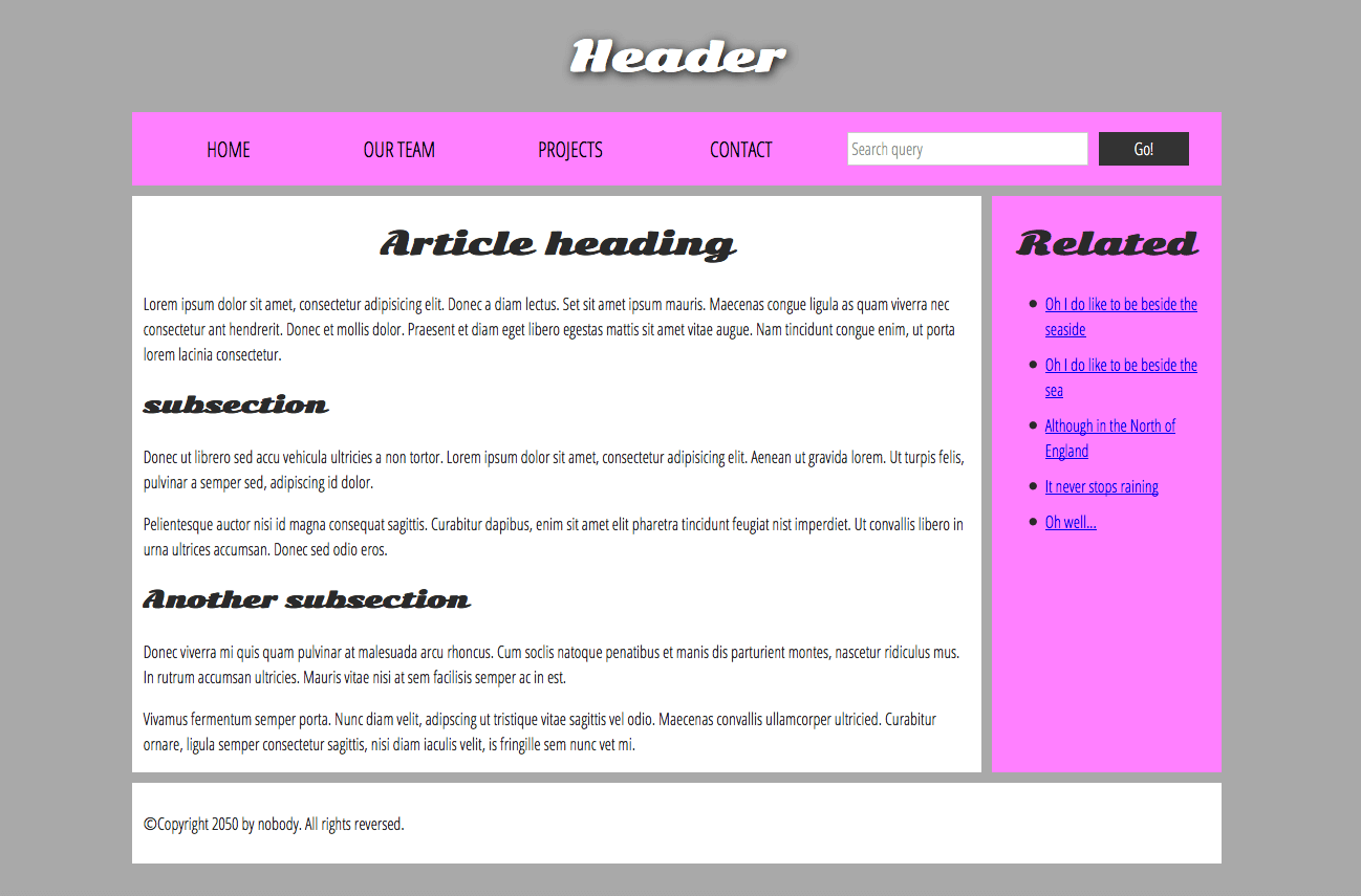 a simple website structure example featuring a main heading, navigation menu, main content, side bar, and footer.
