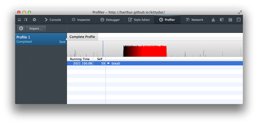 The Firefox JavaScript profiler showing a completed profile 1.