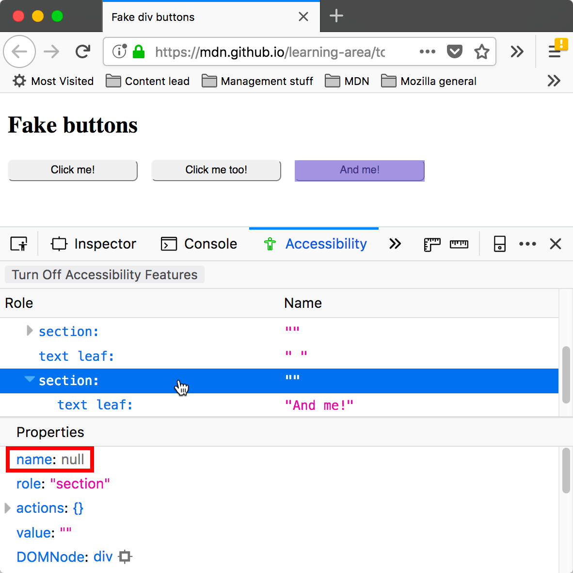 A UI element that looks like a button, with information about it shown in the accessibility inspector to reveal that it isn't a button, it is a section element. It has a name property of null