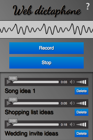 An image of the Web dictaphone sample app - a sine wave sound visualization, then record and stop buttons, then an audio jukebox of recorded tracks that can be played back.