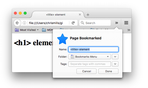A webpage being bookmarked in firefox; the bookmark name has been automatically filled in with the contents of the <title> element 