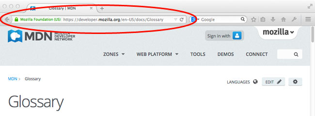 Example of a web page address in the browser address bar