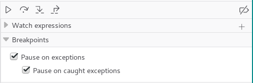 Screen shot showing "Pause on exceptions" and "Pause on caught exceptions" checkboxes
