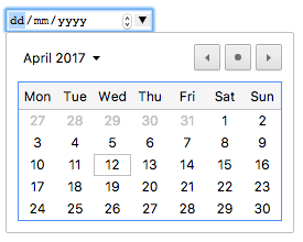 A textbox containing “dd/mm/yyyy”, an increment/decrement button combo, and a downward arrow that opens into a calendar control.
