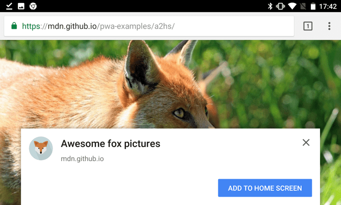 Screenshot of a Chrome banner requesting permission to install the Foxes sample app