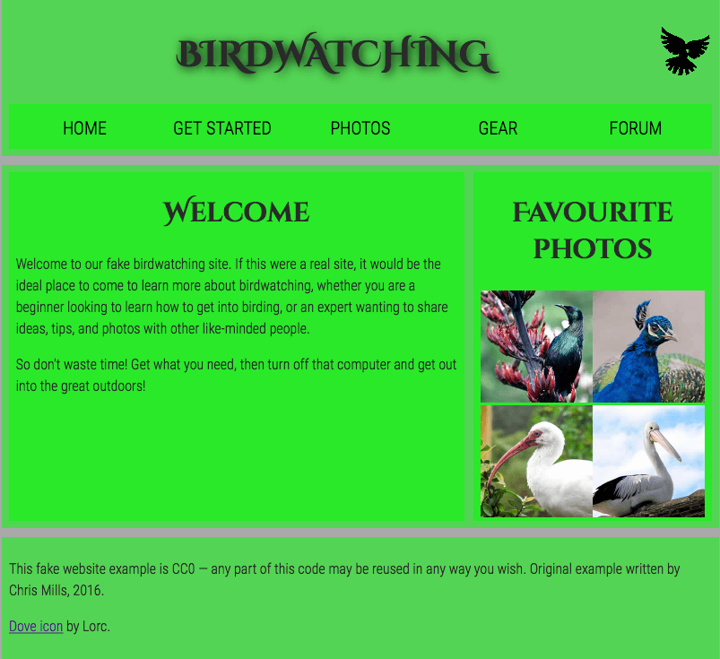 The finished example for the assessment; a simple webpage about birdwatching, including a heading of "Birdwatching", bird photos, and a welcome message