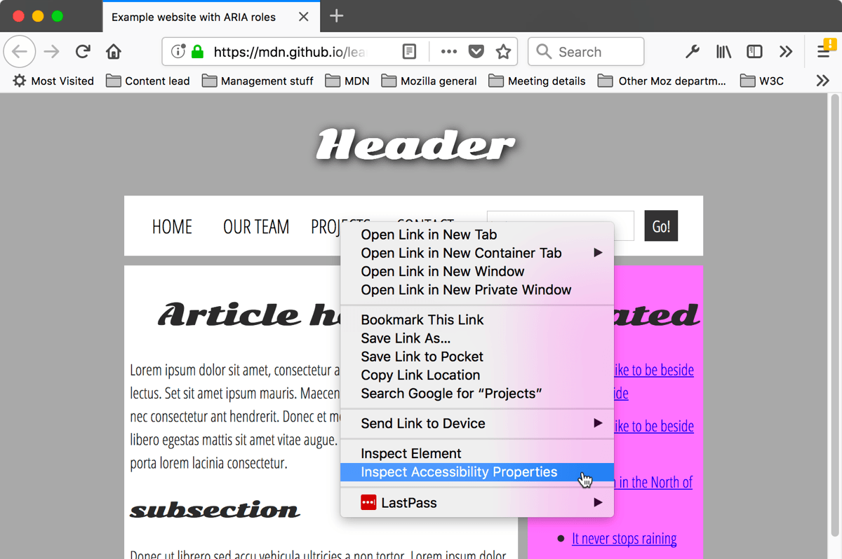 context menu in the browser viewport, with a highlighted option: Inspect Accessibility Properties