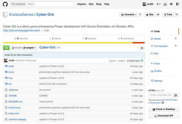 Screenshot of the GitHub repository with the Cyber Orb game code, listing the folders and the files in the main structure.