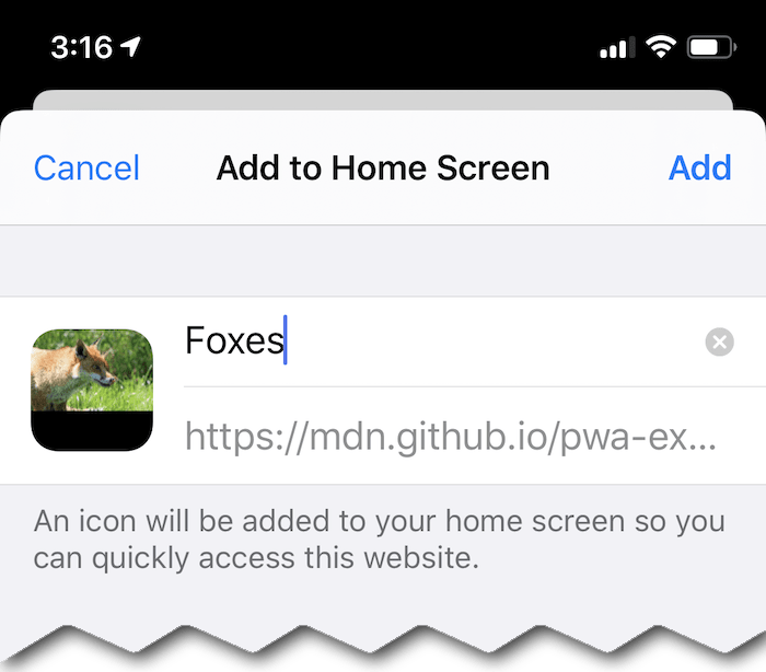 A screenshot of iOS Safari showing its "Add to Home Screen" setup and confirmation panel