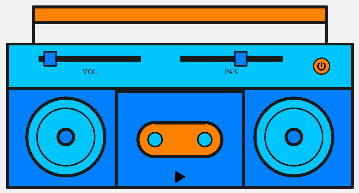 A boombox with play, pan, and volume controls