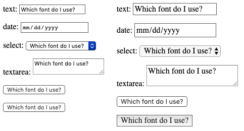 Form controls with default and inherited font families. By default, some types are serif and others are sans serif. Inheriting should change the fonts of all to the parent's font family - in this case a paragraph. Oddly, input of type submit does not inherit from the parent paragraph.