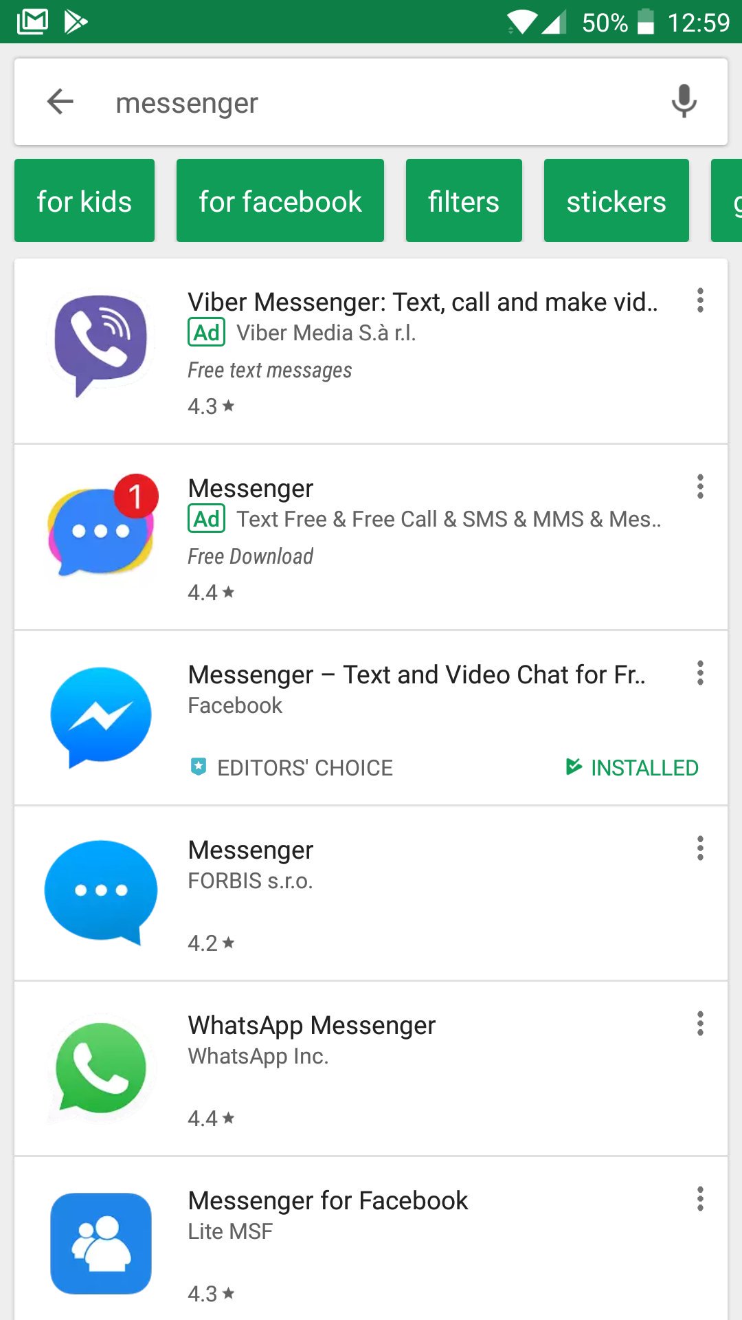 Screenshot showing a huge number of results upon searching for "Messenger" when trying to find Facebook Messenger. Which is the right one?