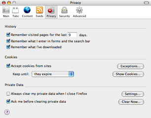 Screenshot of privacy panel in Firefox options dialog.