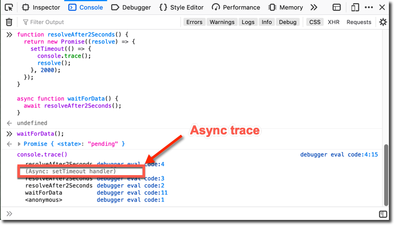 Console log showing a trace containing async code