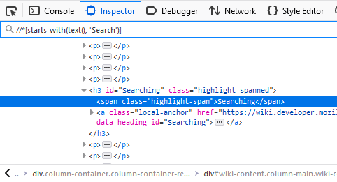 Match of an Inspector search using an XPath expression