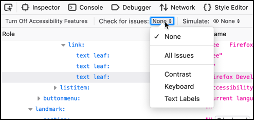 Check for issues menu, including "All issues", "Contrast", "Keyboard", and "Text Labels'