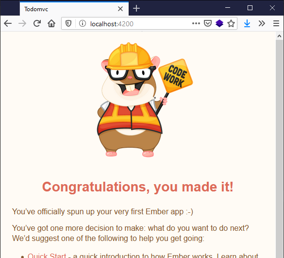 The default start page when you create a new ember app, with a cartoon mascot, saying congratulations