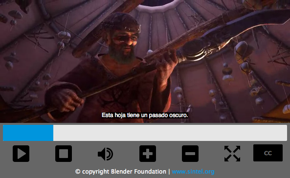 Video player with standard controls such as play, stop, volume, and captions on and off. The video playing shows a scene of a man holding a spear-like weapon, and a caption reads "Esta hoja tiene pasado oscuro."