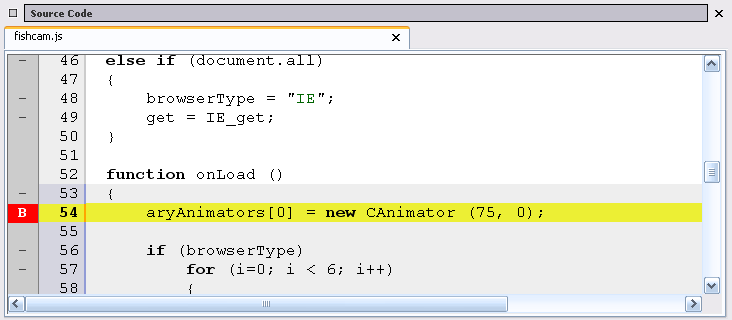 Figure 11. The Source Code View. Source code, line numbers, and breakpoints.