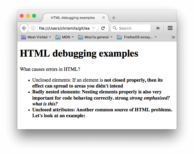 A simple HTML document with a title of HTML debugging examples, and some information about common HTML errors, such as unclosed elements, badly nested elements, and unclosed attributes. 